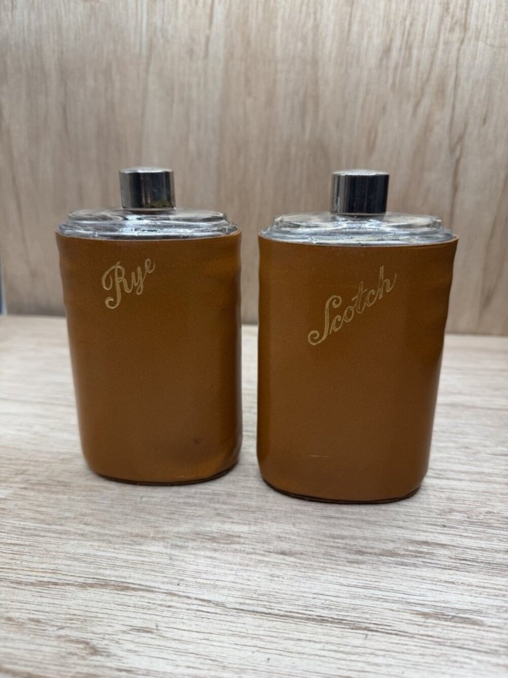 Vintage 1937-1945 Genuine Leather Wrapped Glass Flasks Rye Scotch Set Of 2